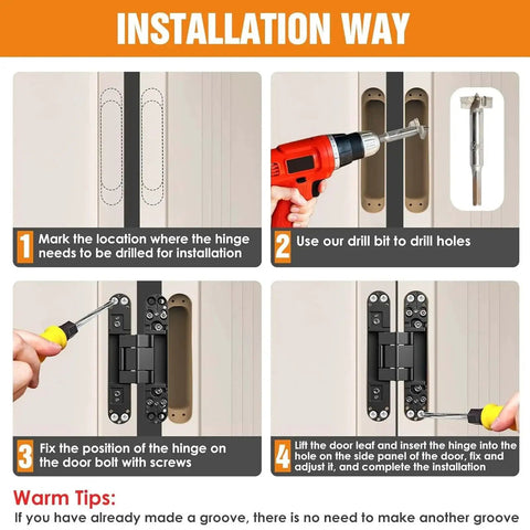 Installation guide for Hidden Door Hinge Kit 6 Inch Concealed Hinge Set for invisible doors, showing step-by-step drilling and alignment.
