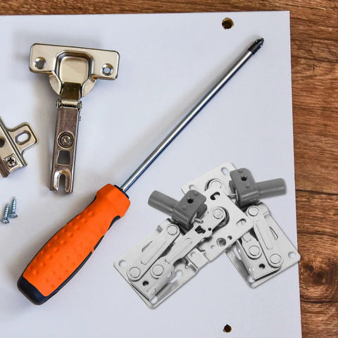 Forty Five Degree Downward Soft Close Cabinet Door Hinges For Downward Opening Doors Perfect For Shoes Cabinets And Furniture Concealed Corner Cabinet Hardware Pair With Tip Out Tray Function shown with installation tools.