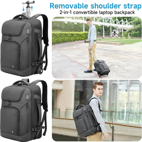 Two In One Rolling Backpack With Wheels And Backpack Convertible Design For Travel And Work Fits 17 Inch Laptop Water Resistant Carry On Luggage With USB C Ports displayed being wheeled and worn