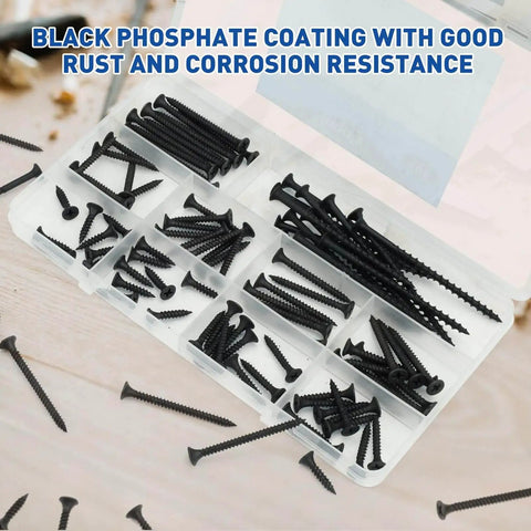 Drywall Screws Assortment Kit, 108 Piece Set With Coarse Thread Self Tapping Phillips Drive, black finish screws in case