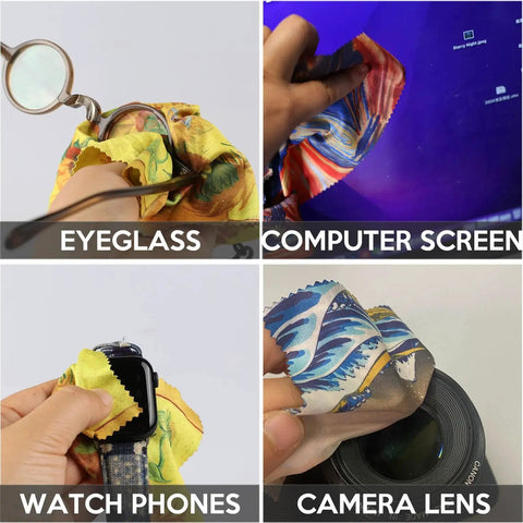 Microfiber Glasses Cleaning Cloths Set 4 Pack With Double Sided Art Design shown cleaning eyeglasses, screen, watch, and camera lens.