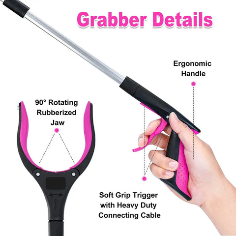 Close-up of 32 Inch Extra Long Foldable Grabber Reacher Tool with strong magnetic grip, showing ergonomic handle and 90° rotating anti-slip jaw.