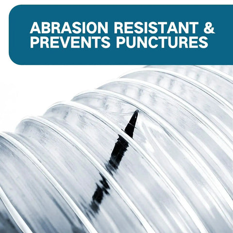 Close-up of Pro Grade Clear PVC Dust Collection Hose Two And A Half Inch By Twenty Foot For Workshop, showing abrasion resistance.