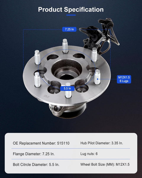 Front Left Wheel Hub Bearing Assembly 515110 With ABS Direct Fit For Chevrolet Colorado 2004 To 2008 GMC Canyon 2004 To 2008 Isuzu I350 I370 4x4 6 Lug, shown with 6 lugs and specifications.