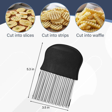 Stainless Steel Crinkle Cutter For Fries And Veggies Large Wavy French Fry Slicer With Non Slip Handle Potatoes And Fruit Veggie Chopper For Uniform Restaurant Style Cuts Every Time image showing dimensions and cut styles