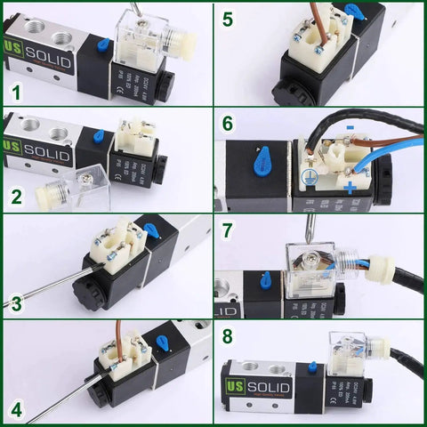 One Quarter Inch NPT 5 Way 2 Position Pneumatic Solenoid Valve DC 12V with multiple views and connections for industrial use.