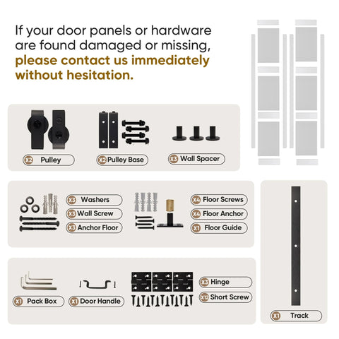 Diagram of Space Saving Bifold Barn Door Kit With Sliding Hardware For Closet, showing screws, pulleys, hinges, and track components.