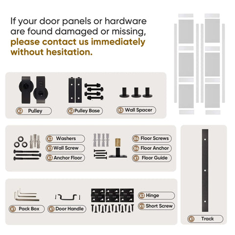 Bi-Fold Sliding Barn Door White MDF With Frosted Glass Panels, 30 Inch Wide, 84 Inch Tall, Two 15 Inch Panels hardware kit