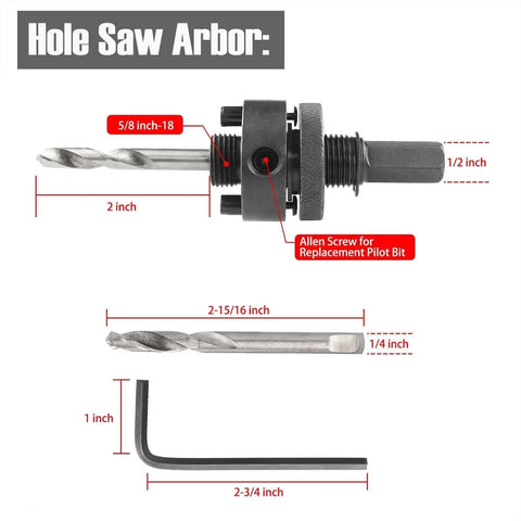Heavy Duty Quick Change Hole Saw Arbor For 1-1/4 To 6-5/8 Inch Hole Saws With 7/16 Inch Hex Shank, rugged alloy steel mandrel visible.