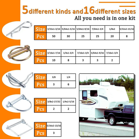200 Piece Heavy Duty Pin Assortment Kit for Trailers, Tractors, Trucks, Mowers and Farm Equipment, various sizes shown in chart.