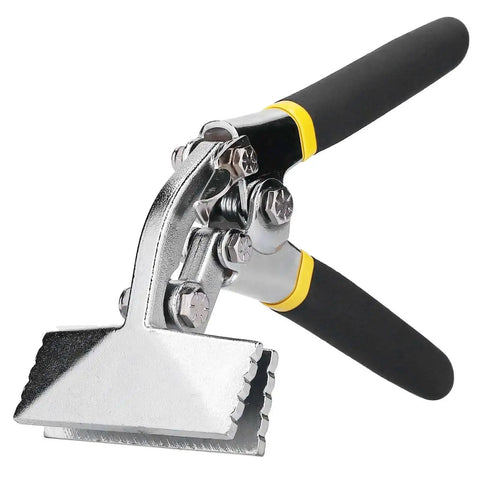Pro Grade Flanging Pliers With Locking Jaw for sheet metal seaming, chrome steel, ergonomic curved handle, flat nose, side view.