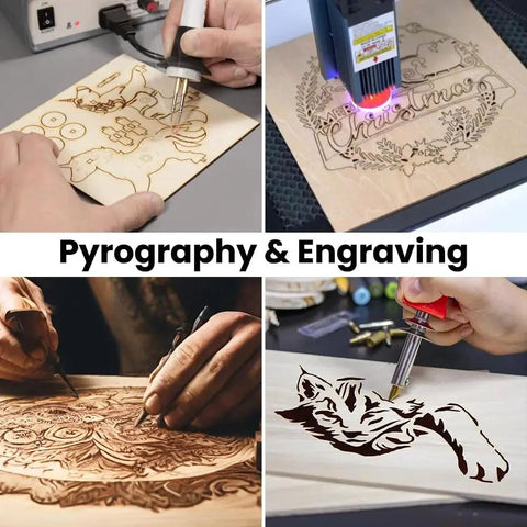 Close-up of basswood sheets used for pyrography and engraving, showing intricate designs created with laser and burning tools.