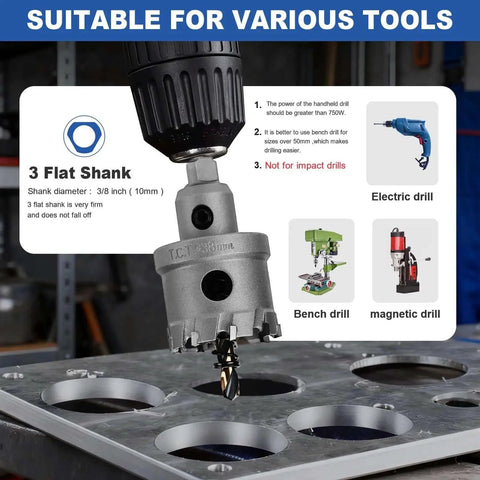 1 Inch Tungsten Carbide Tip Hole Saw With M2 Pilot Bits For Hard Metal Stainless Steel And Plastic 25mm Cutting Depth 3 Flat Shank 3/8 Inch Compatible With Drills Bench Drills Handheld Power Tools CNC Machines And Impact Drivers.