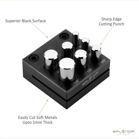 Pro Grade 7 Round Punch Disc Cutter For Jewelry Making And Metalworking Set with Seven Die Sizes on black steel block