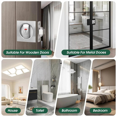 Keyless Privacy Pocket Door Lock With Visual Indicator For Bedroom And Bathroom Sliding Doors Square Handle Rust Proof Zinc Alloy Hardware For Interior Doors Easy Install And Smooth Quiet Operation shown installed on various doors.
