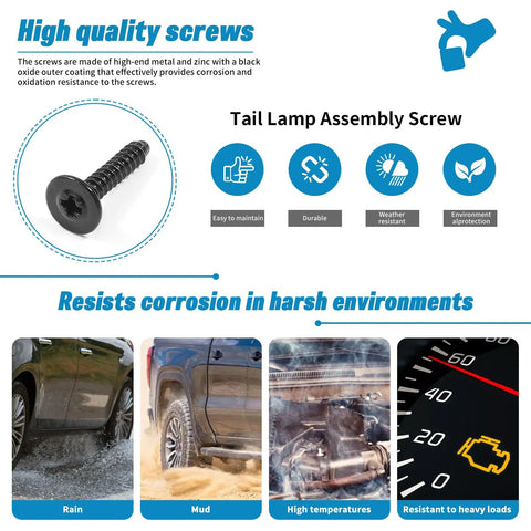 Tail Lamp Screws Set For GM Vehicles 30 Pieces Chevy Buick Oldsmobile GMC Cadillac Replacement Specialty Tapping Screws 4.2x1.41x20 Multi Purpose Bolts For Tail Light Assembly featured with corrosion resistance icons and environmental scenarios.