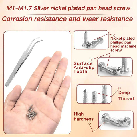 Small Micro Repair Screw Set 1000Pcs Nickel Plated Carbon Steel Phillips Pan Head Precision Screws For Eyeglasses Watches Clocks And Mobile Phones In Clear Storage Case M1 To M1.7 shown with tweezers and hand for scale