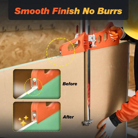 Foldable Drywall Cutter Tool For Home Renovation With Laser Etched Dual Scale Cuts One Quarter Inch, Three Eighths Inch, And One Half Inch Gypsum Board Portable Drywall Cutting Tool With Dual Positioning Red And Ten Replacement Blades cutting gypsum board.