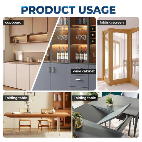 Product usage examples for 'Hidden Door Hinge Set 0.63 By 2.76 Inch 2 Pack Built To Last Heavy Duty Invisible Hinges For Wood Doors And Cabinets 180 Degree Alloy Concealed Hinges For DIY Gates Kitchen Silver' showing cupboard, wine cabinet, folding screen, and folding tables.
