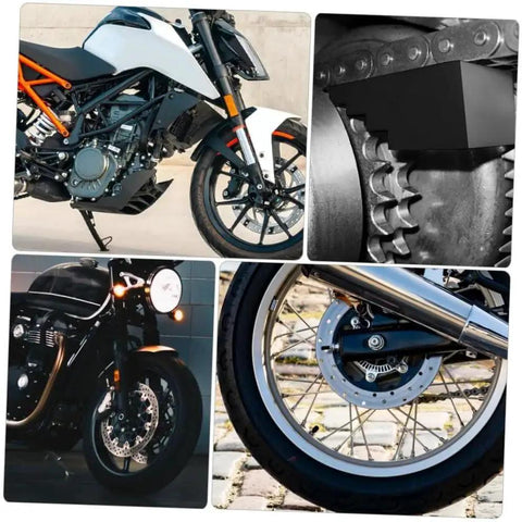 Mobestech motorcycle hub nut tool collage showing motorcycles with front wheel, disc brake, and gear hub close-up.