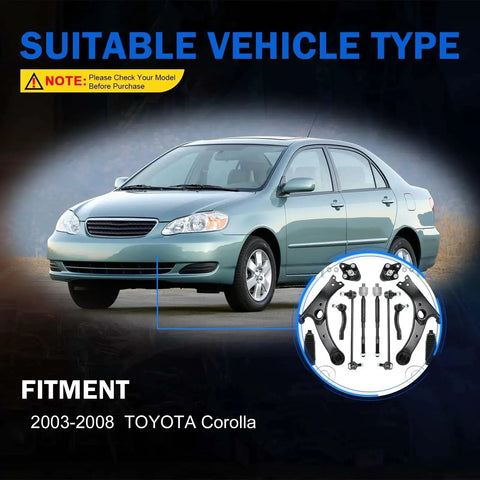 Gariqe 12-piece suspension kit for Toyota Corolla 2003–2008; front three-quarter view with inset of kit components.