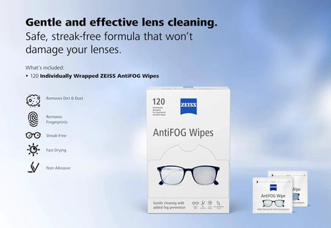 ZEISS Anti Fog Wipes For Glasses And Goggles 120 Count 24 Hour Fog Prevention product packaging and features