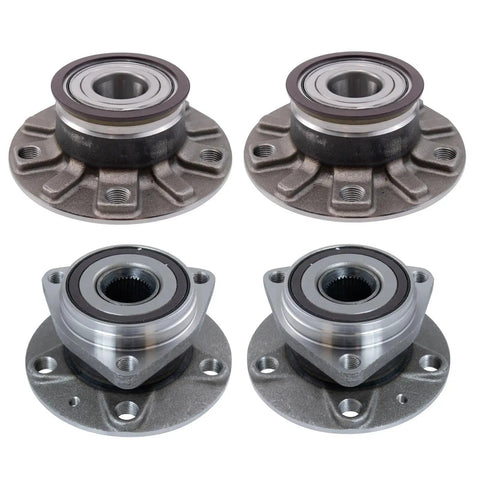 Front and Rear Wheel Bearing and Hub Assembly Set for 2015 to 2021 Volkswagen GTI, 2019 to 2021 Jetta S SE R Line SEL Premium, and 2015 to 2017 Audi A3 Sedan with 85mm Front Bearing Diameter, Easy Install 4 Piece Kit, shown in four separate units on a white background
