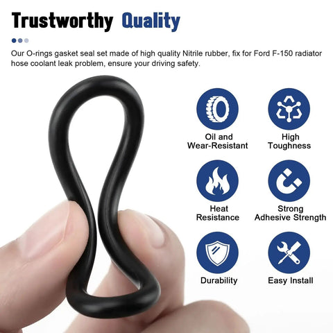 Close-up of a black O-ring from Radiator Hose O Ring Kit With T Pipe Coolant Tee For 5.0L V8 Vehicles 3 Pack held in hand.