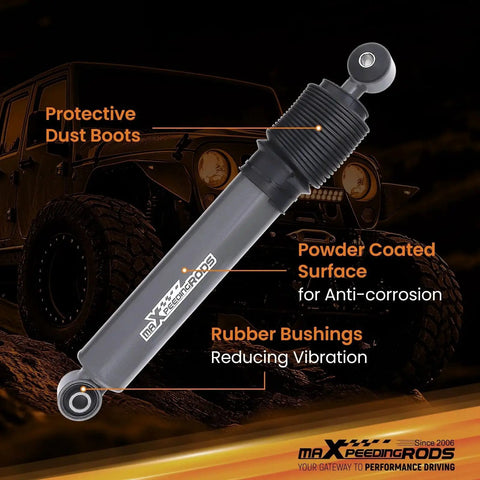maXpeedingrods dual steering stabilizer for Jeep Wrangler JK/JKU; side view, gray powder-coated body with rubber bushings