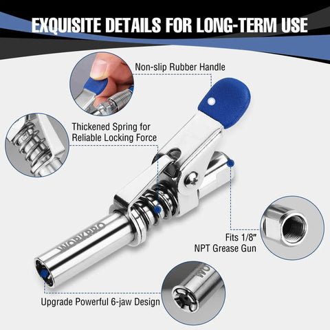 Grease Gun Coupler Set With Quick Release And 12-Inch Hose 10,000 PSI Locking Zerk Connection Needle Tip 1 Eighth NPT Beefy Build