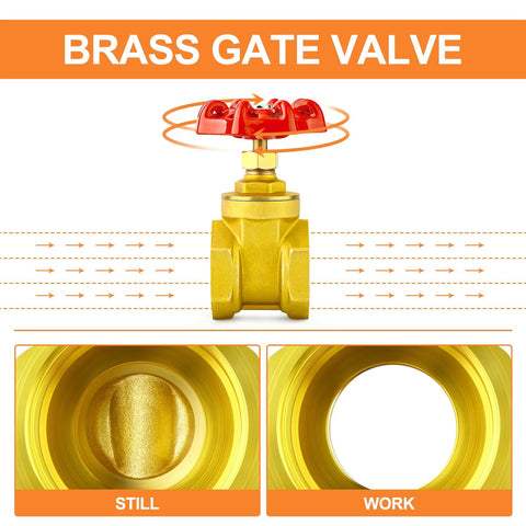 Brass gate valve with red wheel handle, 2-inch, female x female threads, front view
Brass gate valve inner bore close-up, gold finish
Brass gate valve bore opening close-up, gold finish