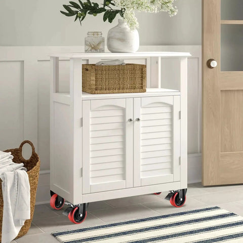 White storage cabinet on heavy-duty 5-inch caster wheels; four red plate casters (2 fixed, 2 swivel with brakes).