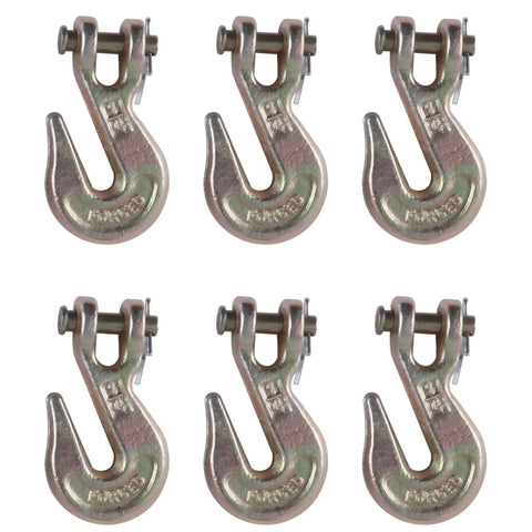 Six-pack of 1/4 Inch Chain Hooks G70 Clevis Grab Hooks for crane, trailer, truck transport with 3600 lbs load limit, zinc finish.