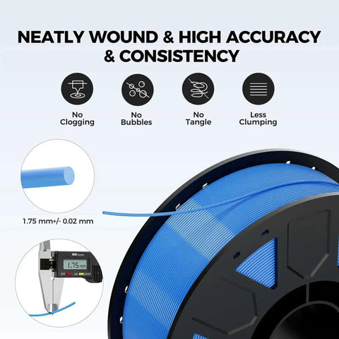 Premium PETG 3D Printer Filament 1.75mm 2kg for Ender Series spool with measurement details showing accuracy and consistency