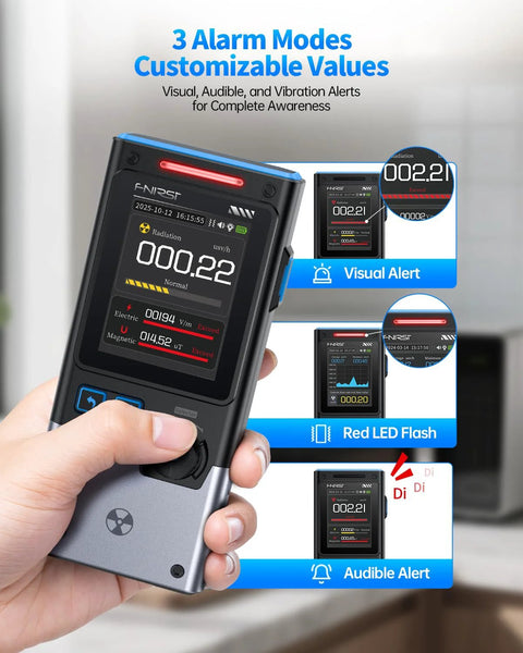 FNIRSI GC-03 Geiger counter EMF meter handheld black device with blue trim and digital radiation readout