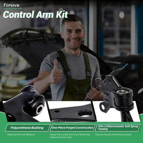 Ford Escape Front Lower Control Arm With Ball Joint 2 Piece Set For Driver And Passenger Side Fits 2013 Through 2019 OE 524-113 524-114 K622136 K622161 Beefed Up Premium Replacement Upgrade For Better Handling with polyurethane bushing and forged construction shown with mechanic in background.