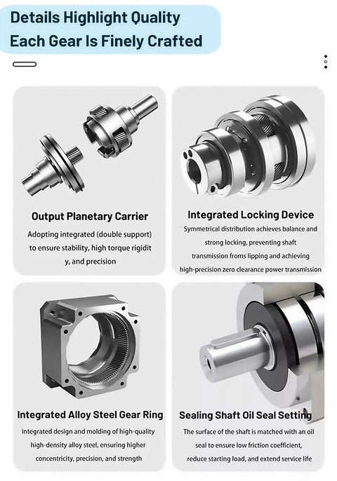 Details of planetary gearbox components including carrier, locking device, alloy gear ring, and oil seal for Nema 23 motor.