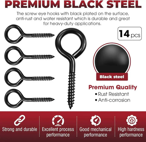Heavy Duty Black Screw Eyes Set With 3.2 Inch Eye Bolts for Hanging, rust-resistant anti-corrosion premium steel, 14 pcs