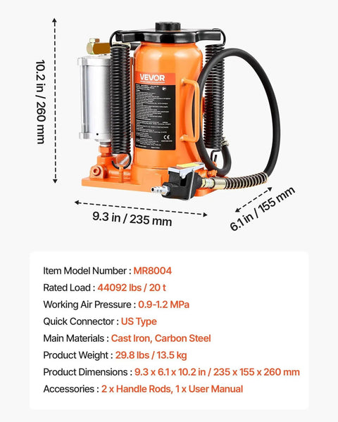 20 Ton Air Hydraulic Bottle Jack With Pneumatic And Manual Lift For Cars Trucks in orange cast iron and carbon steel