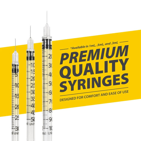 Three syringes in front of yellow text displaying premium quality syringes for comfort and ease in sizes 1mL, 0.5mL, and 0.3mL.