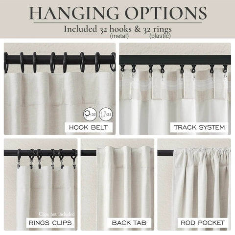 Total Blackout Curtains 96 Inches Long For Bedroom And Living Room Two Panel Set, showing hanging options with hooks, rings, and tabs.