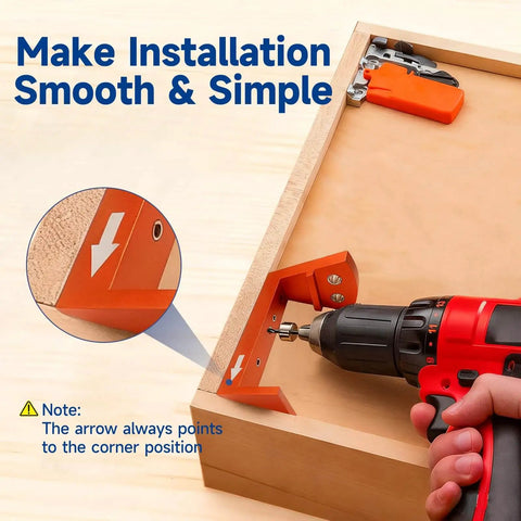 Blum Tandem Undermount Drawer Slide Drilling Guide Kit with Pro Grade Aluminum Angle Guide shown in use on wooden drawer corner