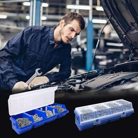 12 Pack Screw Organizer Boxes With Lids, Four-Compartment Dividers, Blue Toolbox Style Storage Case displayed in a workshop