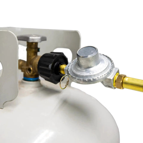 12Ft Big Buddy Propane Hose With Regulator For Indoor Outdoor Heaters attached to 20-pound tank with brass POL connection