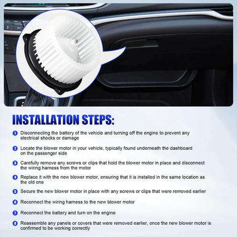 Installation instructions for Heavy Duty HVAC Blower Motor With Fan For Subaru Legacy Outback Lexus RX350 Toyota Sienna Cadillac CTS SRX STS 2006-2019 Models Replaces 700228 Quiet Smooth Air Flow Upgrade.