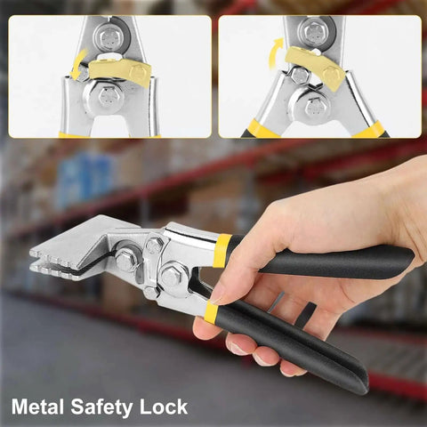 3 Inch Hand Seamer Sheet Metal Tool With Offset Handles Pro Grade Carbon Steel Straight Jaw shown in use with safety lock feature