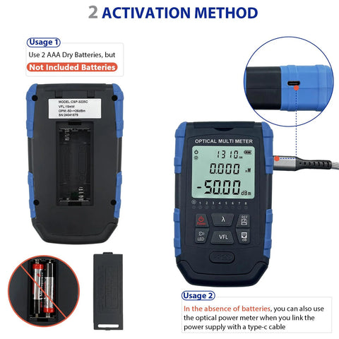Amazon 5-in-1 fiber optic cable tester and optical power meter, blue/black device with LCD and FC/SC/ST interface