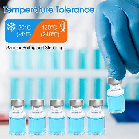2ml sterile glass injection vials with gray flip caps; six shown with blue liquid in a lab.