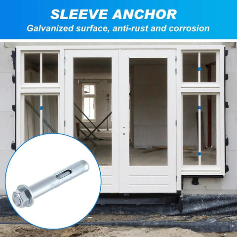 20 Pack 1/2 X 3-Inch Sleeve Anchors For Concrete, Masonry And Brick With Hex Head, Zinc Plated, shown securing door frame