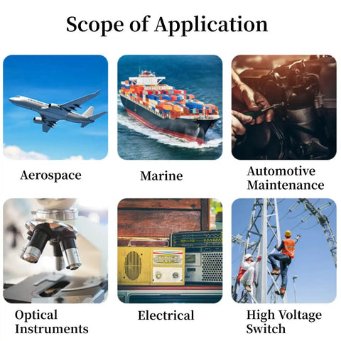 Collage showing scope of application for 10-24 UNC Helical Inserts Kit: aerospace, marine, automotive maintenance, optical instruments, electrical, high voltage switch.